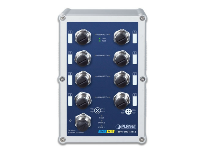 Planet Industrial IP67 Rated 8-Port 10/100Mbps M12 Fast Ethernet Switch with Wide Operating Temperature | ISW-800T-M12 Network Switch Planet
