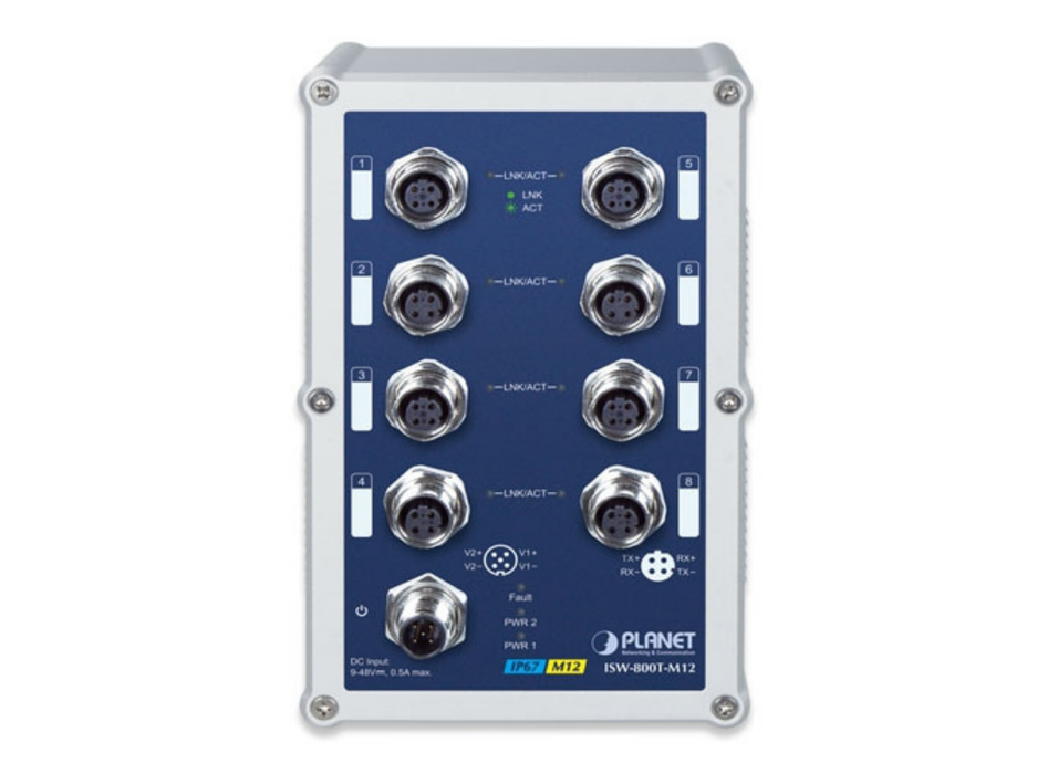 Planet Industrial IP67 Rated 8-Port 10/100Mbps M12 Fast Ethernet Switch with Wide Operating Temperature | ISW-800T-M12 Planet Network Switches Planet