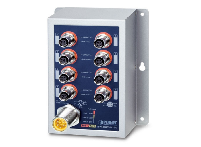 Planet Industrial 8-Port 10/100TX M12 802.3at PoE+ Switch | ISW-808PT-M12A Network Switch Planet