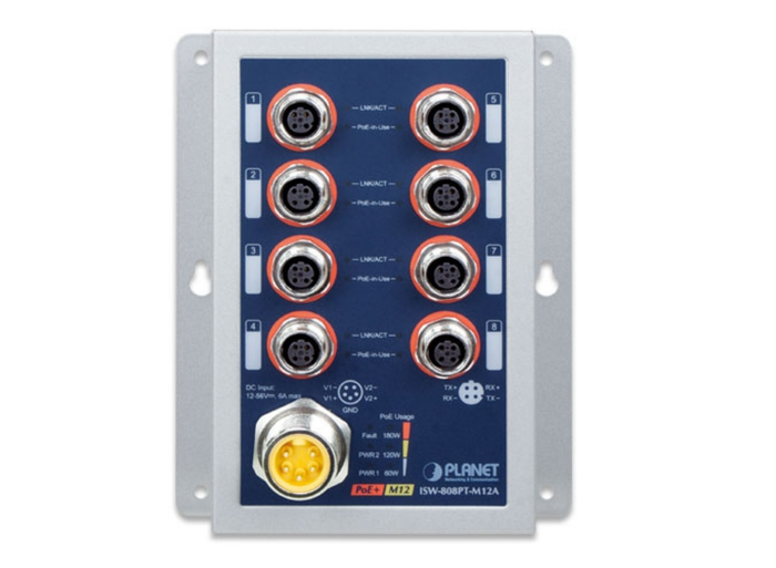 Planet Industrial 8-Port 10/100TX M12 802.3at PoE+ Switch | ISW-808PT-M12A Network Switch Planet