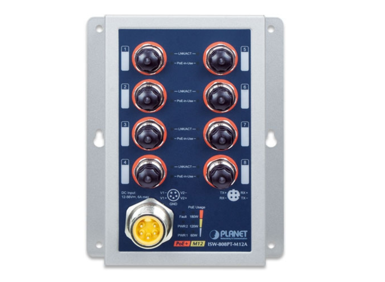 Planet Industrial 8-Port 10/100TX M12 802.3at PoE+ Switch | ISW-808PT-M12A Network Switch Planet