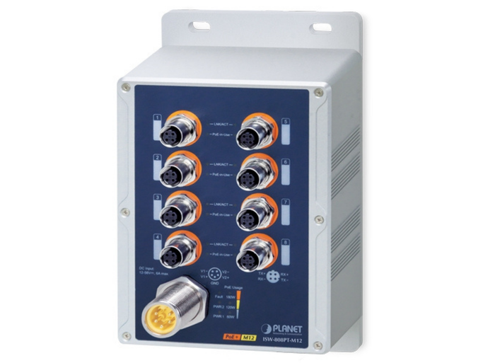 Planet Industrial IP67 8-Port 10/100TX M12 802.3at PoE+ Switch | ISW-808PT-M12 Network Switch Planet
