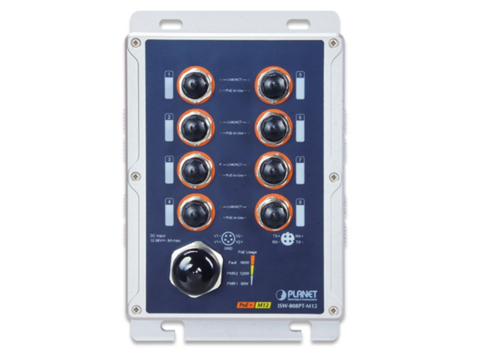 Planet Industrial IP67 8-Port 10/100TX M12 802.3at PoE+ Switch | ISW-808PT-M12 Network Switch Planet