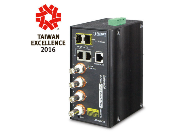 Planet Industrial 4-port Coax + 2-port 10/100/1000T + 2-port 100/1000X SFP Long Reach PoE over Coaxial Managed Switch | LRP-422CST Network Switch Planet
