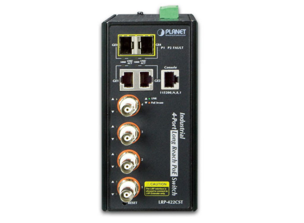 Planet Industrial 4-port Coax + 2-port 10/100/1000T + 2-port 100/1000X SFP Long Reach PoE over Coaxial Managed Switch | LRP-422CST Network Switch Planet