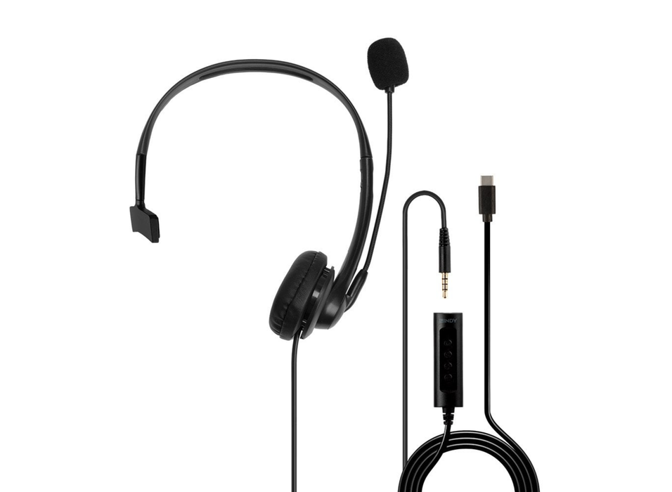 Lindy 3.5mm & USB Type C Monaural Headset with In-Line Control | 20433 Headset Lindy