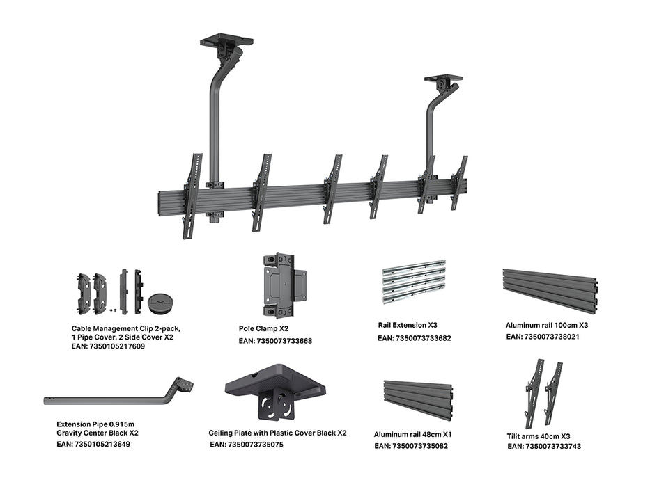 Multibrackets 0.8m Fixed 40"-65" Pro Series Menu Board Ceiling Mount For 3 Screens Menu Board Mounting Systems Multibrackets