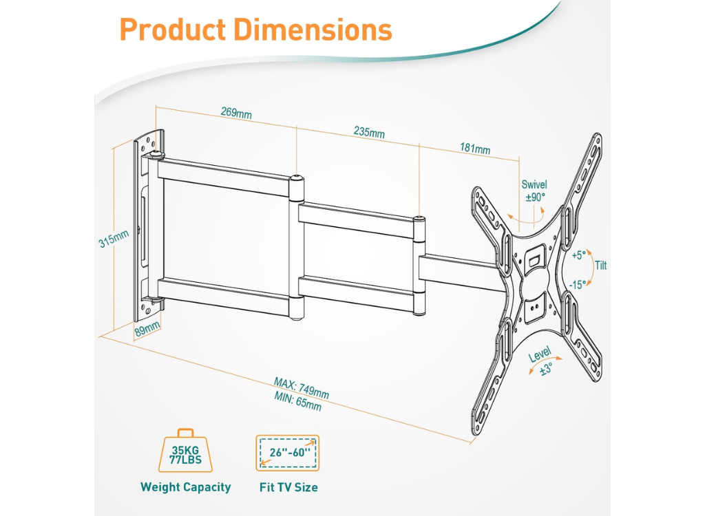 Moove 26" - 60" TVs with 749mm Extension Arm Long Reach TV Wall Bracket Wall Mount Bracket Moove AVMounts