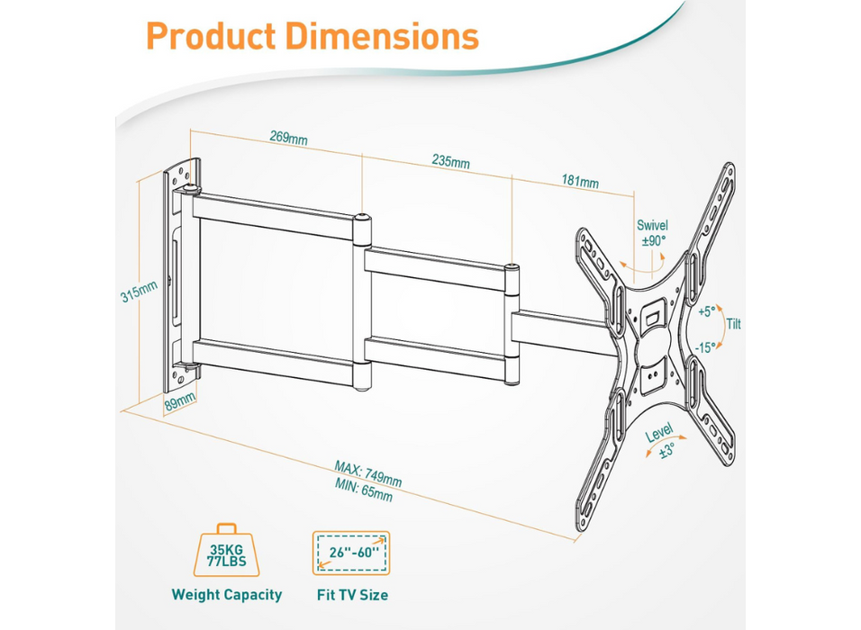 Moove 26" - 60" TVs with 749mm Extension Arm Long Reach TV Wall Bracket ScreenMoove Wall Mount Moove AVMounts