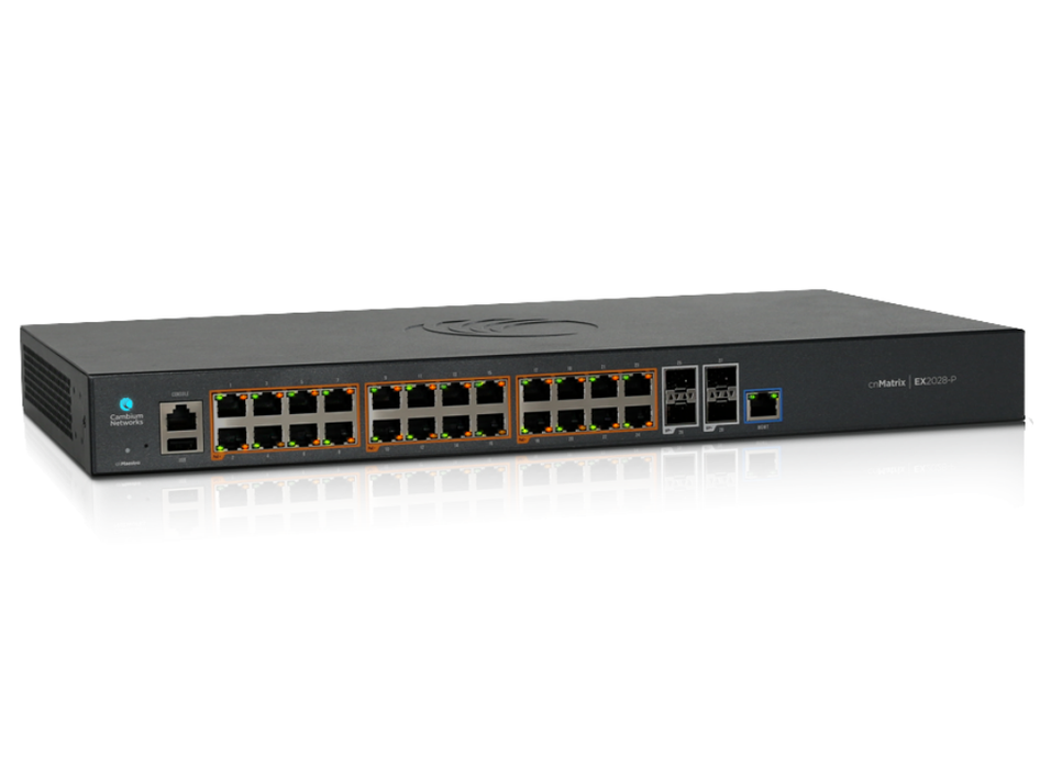 Cambium Networks cnMatrix Intelligent Ethernet PoE Switch, 24 1G and 4 SFP+ Fiber Ports | MX-EX2028PXA-E