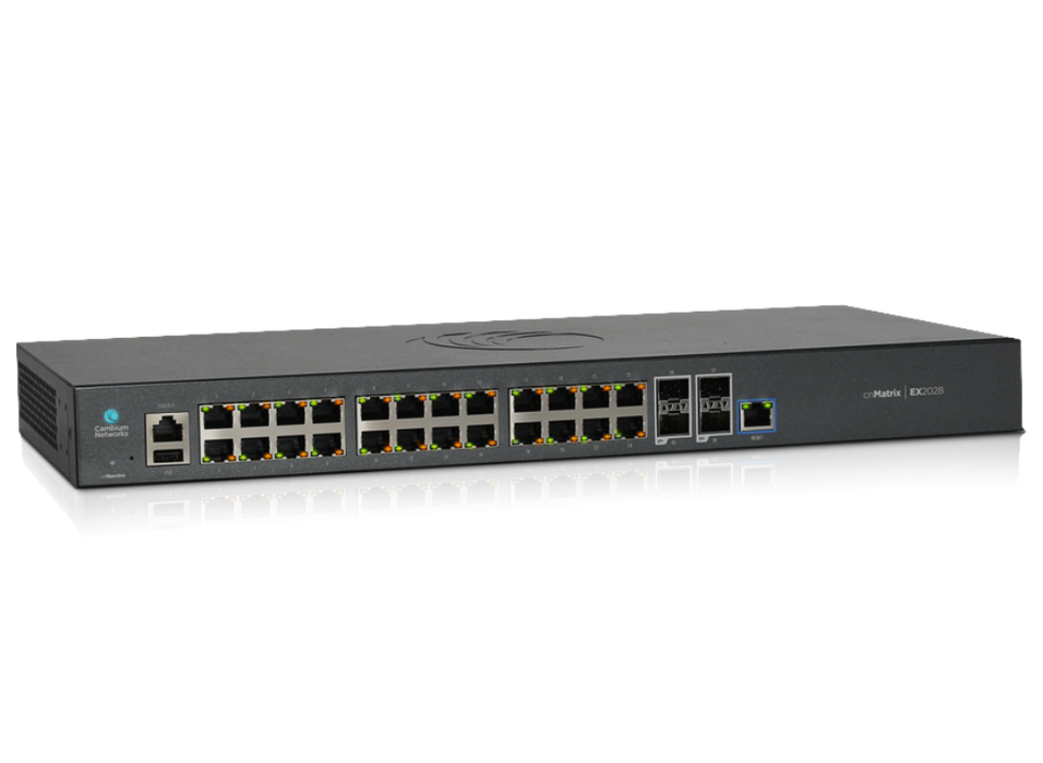 Cambium Networks cnMatrix Intelligent Ethernet Switch, 24 1G and 4 SFP+ Fiber Ports | MX-EX2028XXA-E