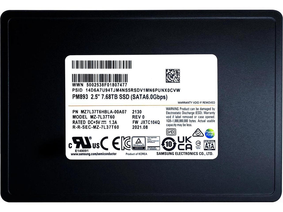 Samsung PM893 7.68TB 2.5" SATA3 6Gb/s Enterprise Internal Solid State Drive | MZ7L37T6HBLA-00A07