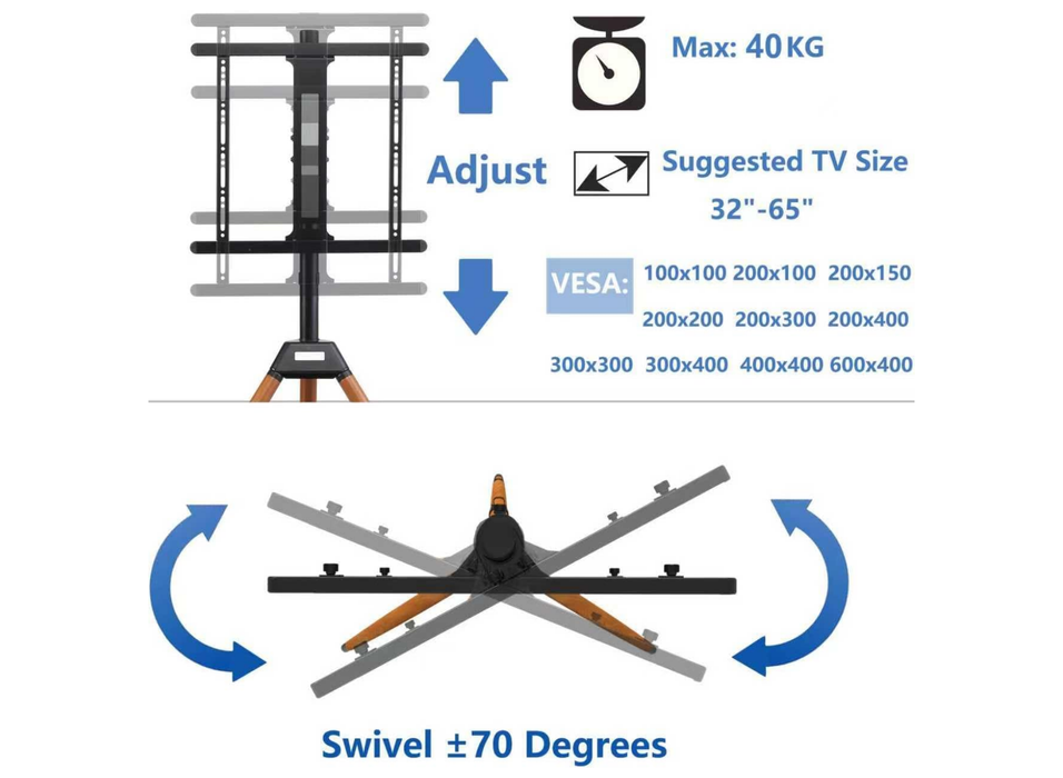 Moove Adjustable Tripod TV Stand for 32–65 Inch TVs with Shelf Floor Stand ScreenMoove