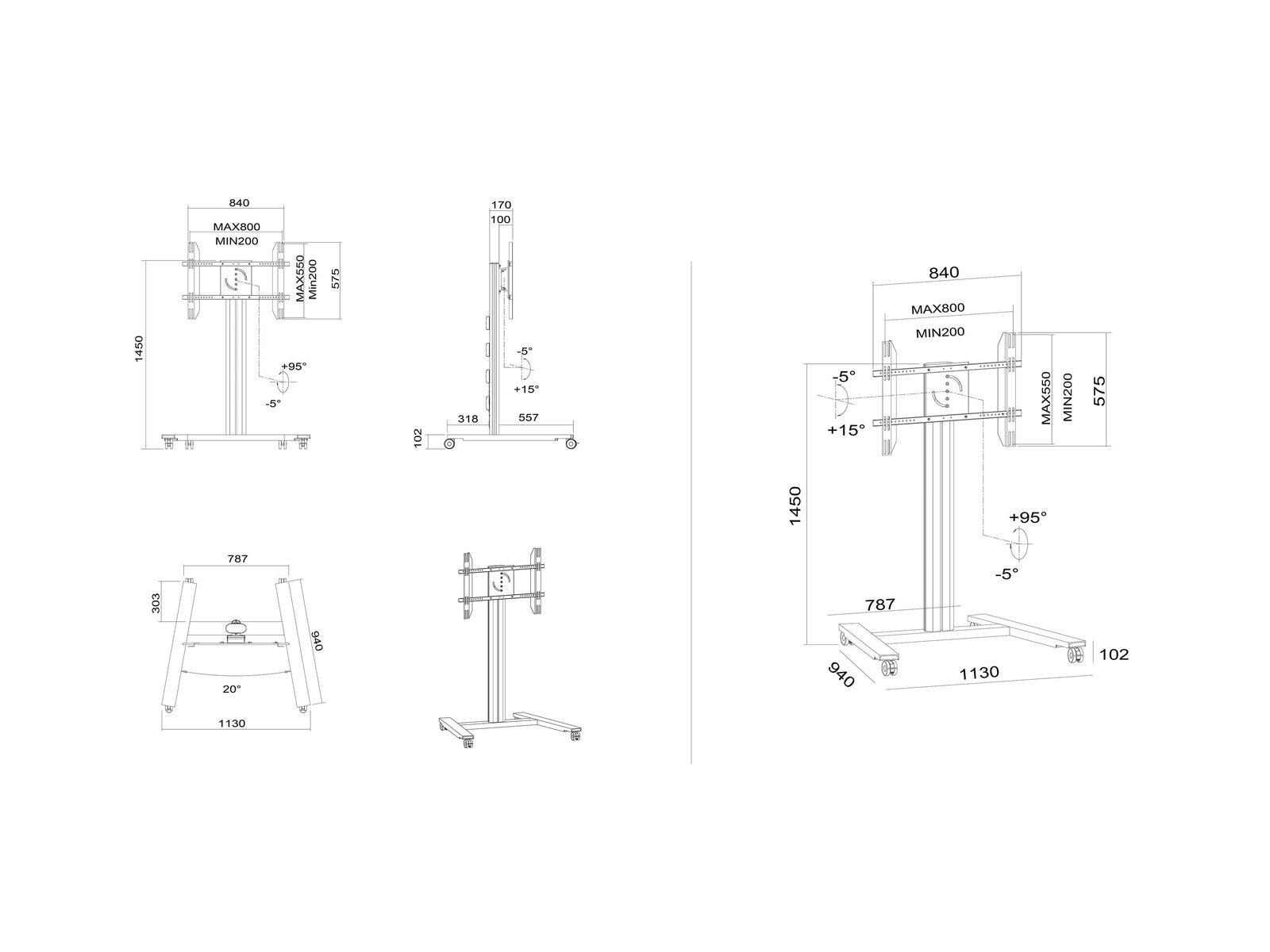 Multibrackets M 145 HD Single Black Mobile Floor Stand for 40"-80" Screens | 7350022736269 Floor Stand Multibrackets