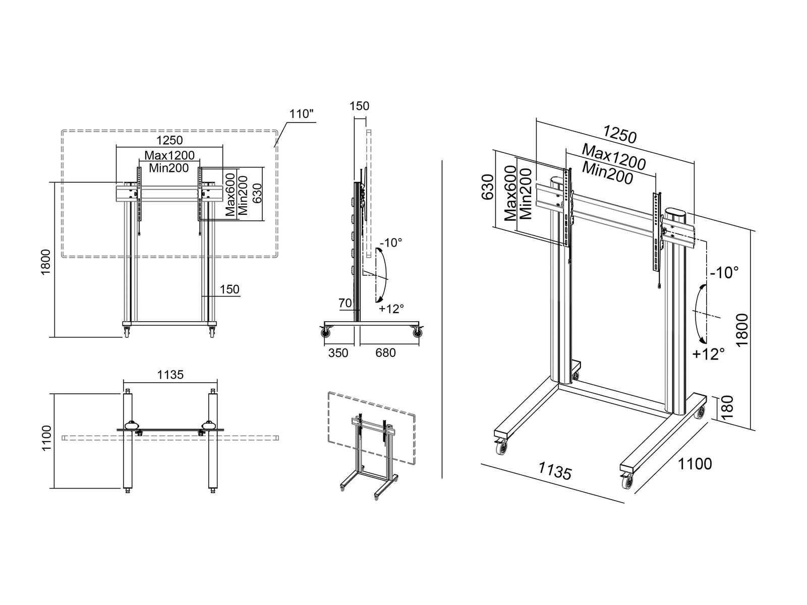 Multibrackets M 180 Dual Pillar Silver Mobile Floor Stand for 70"-115" Screens | 7350073732722