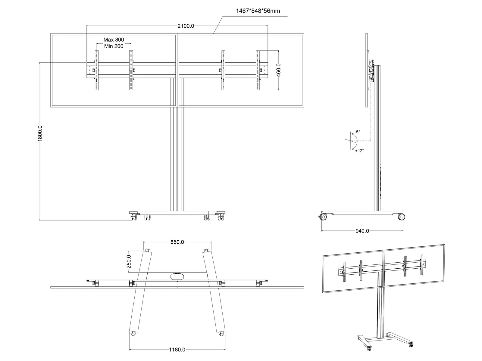 Multibrackets M 180 HD Dual Black Mobile Floor Stand for 40"-60" Screens | 7350073735358 Floor Stand Multibrackets