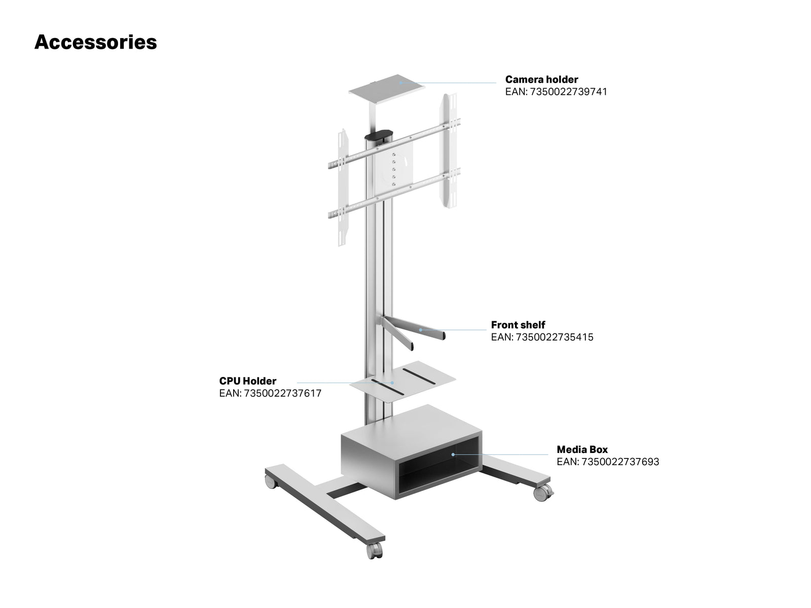 Multibrackets M 180 HD Single Silver Mobile Floor Stand for 55"-80" Screens | 7350073735327 Floor Stand Multibrackets
