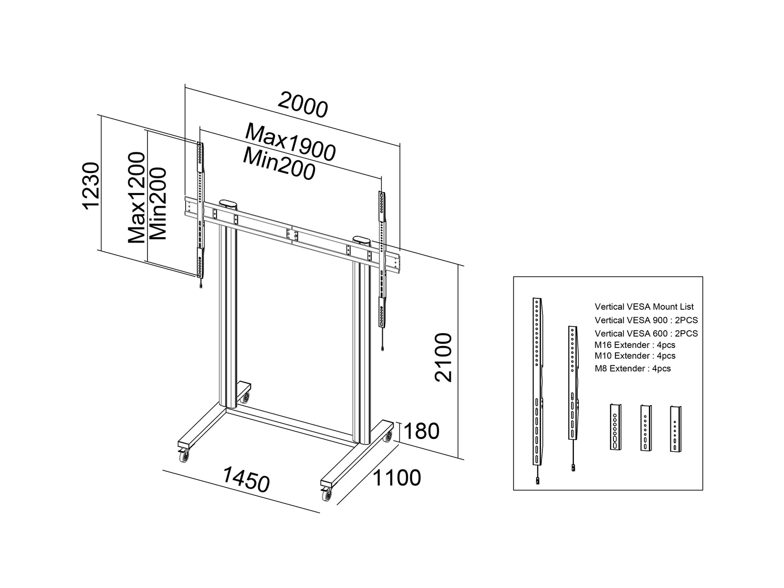 Multibrackets M 210 Dual Pillar Black Heavy-Duty Mobile Floor Stand for 70"-110" Screens | 7350073733439 Floor Stand Multibrackets