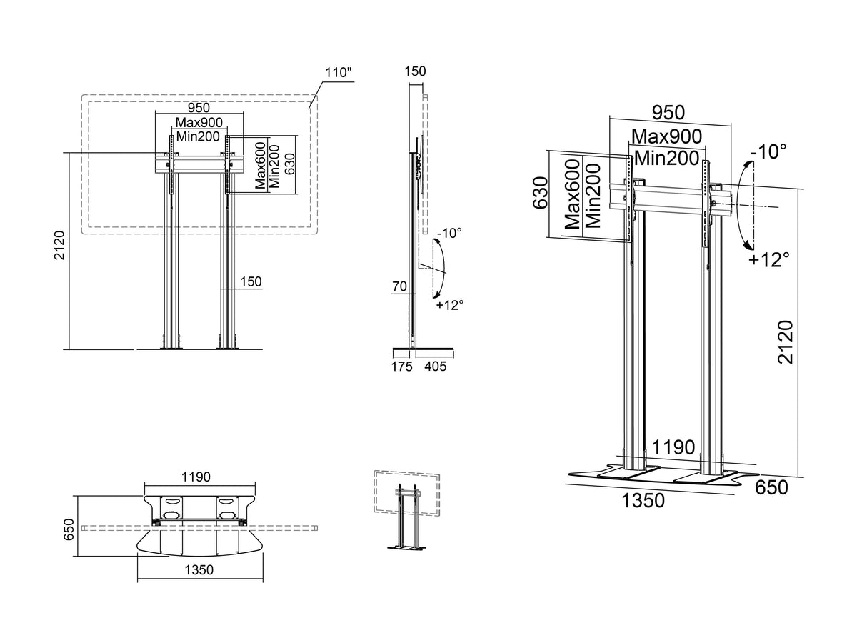 Multibrackets M 210 Dual Pillar Silver Heavy-Duty Floor Stand for 70"-110" Screens | 7350073732562 Floor Stand Multibrackets