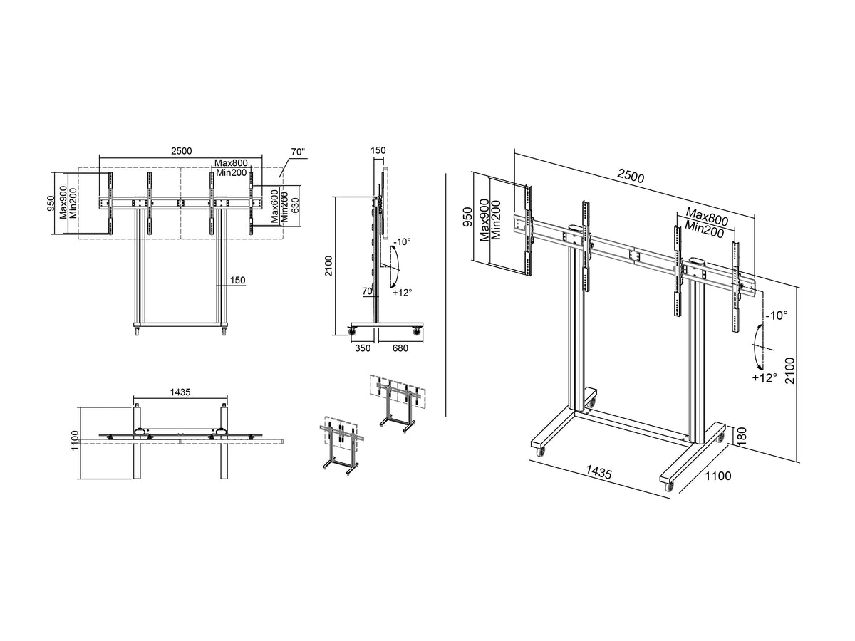 Multibrackets M 210 Triple Pillar Dual Screen Mobile Floor Stand for 50"-77" Screens | 7350073733019 Floor Stand Multibrackets
