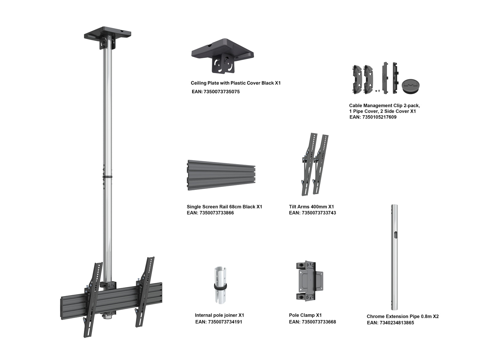 Multibrackets MBC1U M Pro Chrome Ceiling Mount for 40"-75" Displays | 7340234813797 Ceiling Mount Bracket Multibrackets