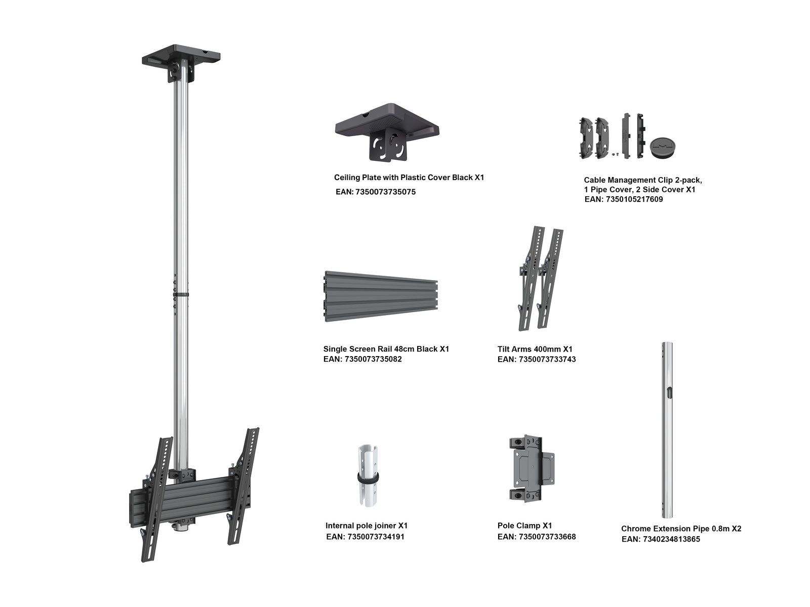 Multibrackets MBC1U M Pro Chrome Single Screen Ceiling Mount For 32"-65" Screens | 7340234813780 Ceiling Mount Bracket Multibrackets