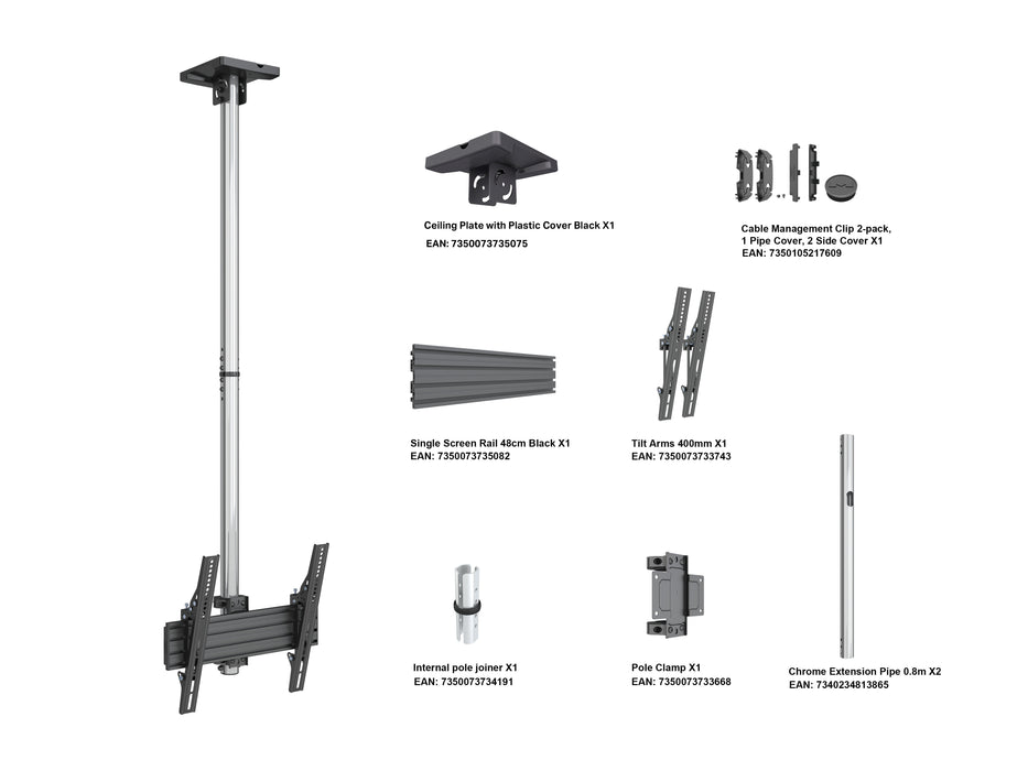Multibrackets MBC1U M Pro Chrome Single Screen Ceiling Mount For 32"-65" Screens | 7340234813780
