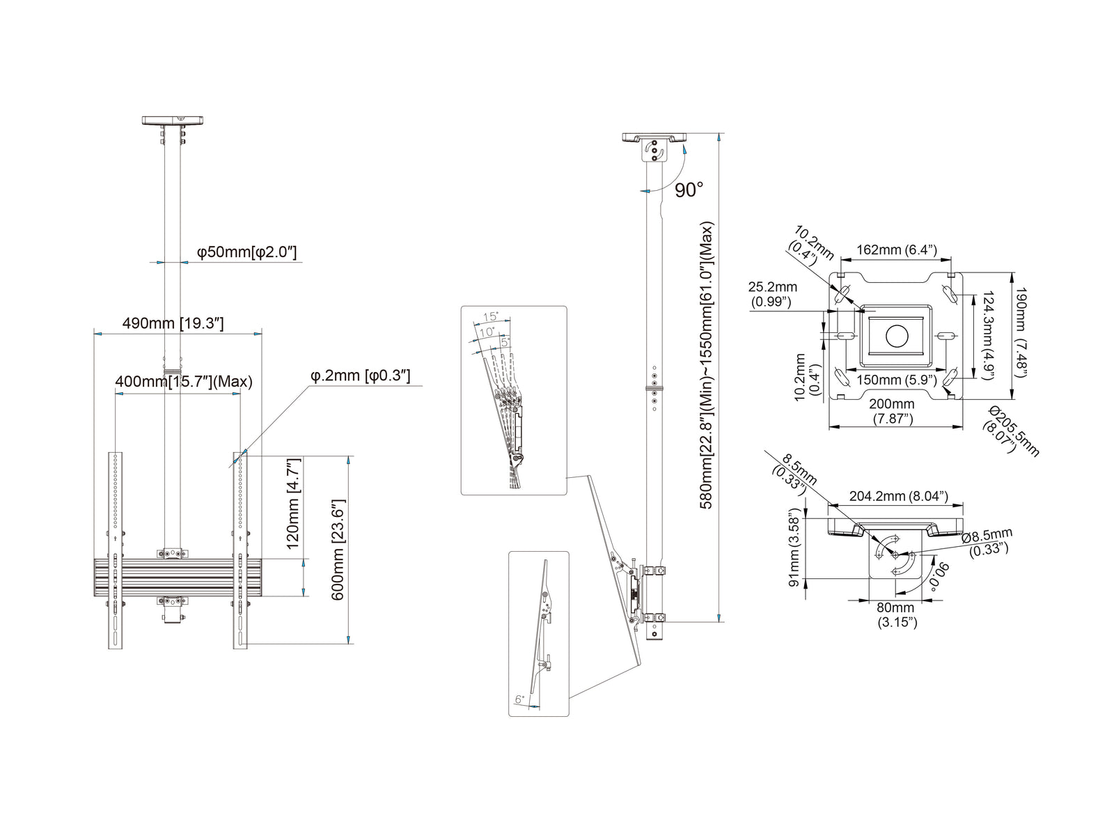 Multibrackets MBC1UP M Pro 1.5m Chrome Ceiling Mount for 42-75" Displays | 7340234813803 Ceiling Mount Bracket Multibrackets