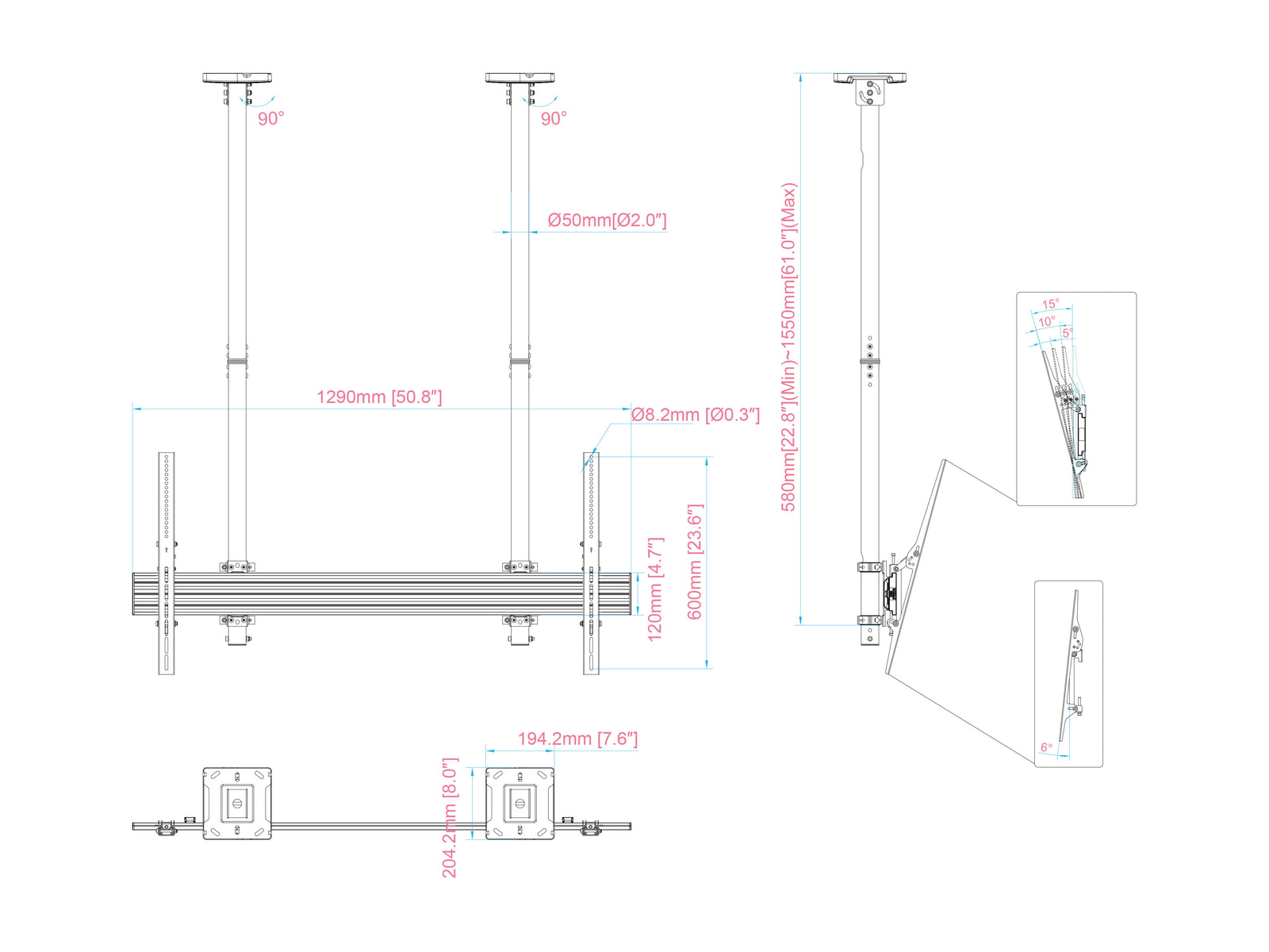 Multibrackets MBC1USD M Pro 1.5m Ceiling Mount For 65"-115" Displays | 7340234813438 Ceiling Mount Bracket Multibrackets