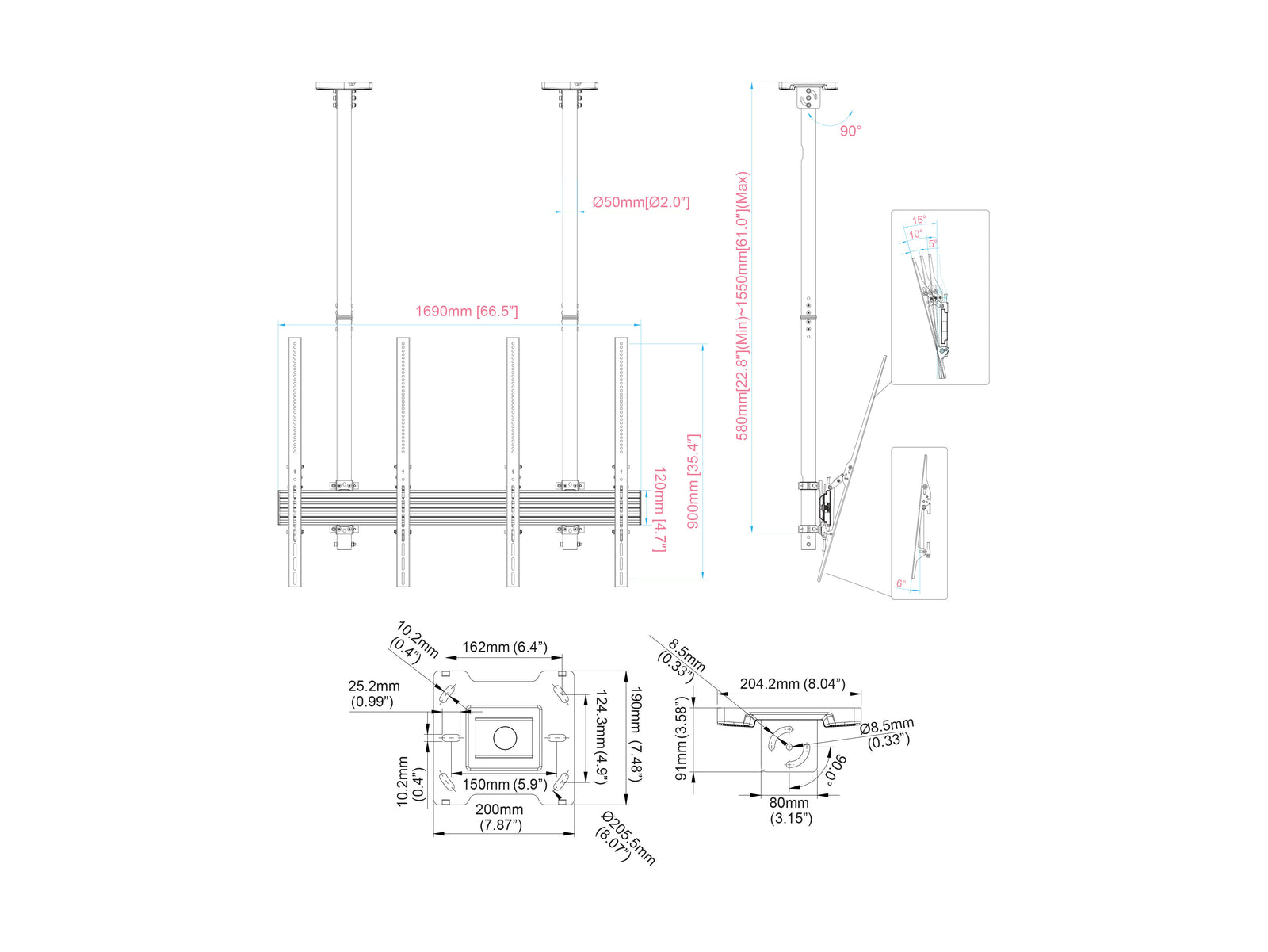 Multibrackets MBC2UPSD M Pro 1.5m 2-Screen Ceiling Mount For 75"-86" Screens | 7350105217852 Ceiling Mount Bracket Multibrackets