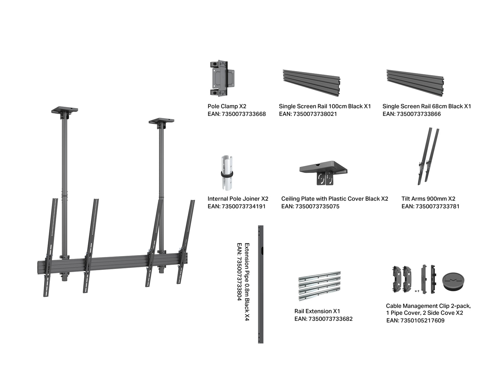 Multibrackets MBC2UPSD M Pro 1.5m 2-Screen Ceiling Mount For 75"-86" Screens | 7350105217852 Ceiling Mount Bracket Multibrackets