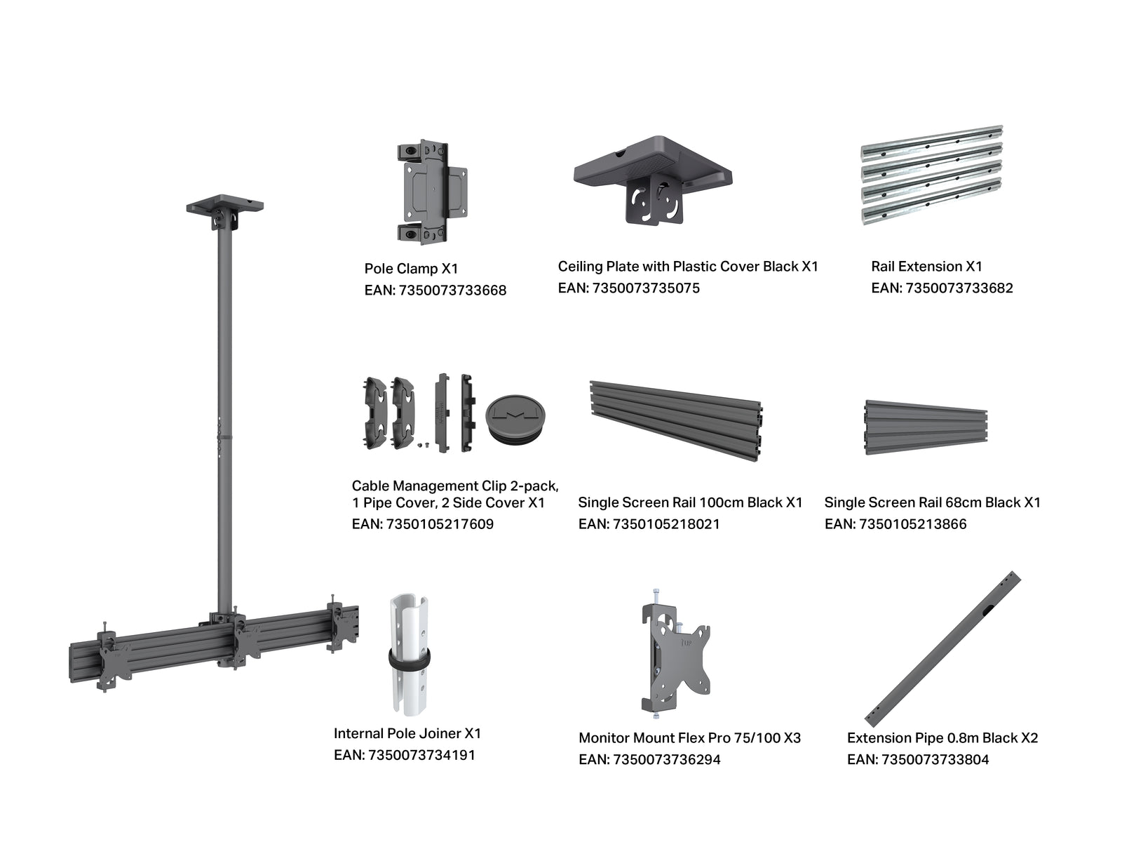 Multibrackets MBC3U M Pro 1.5m Triple Monitor Ceiling Mount For 15"-32" Screens | 7350105218200 Ceiling Mount Bracket Multibrackets
