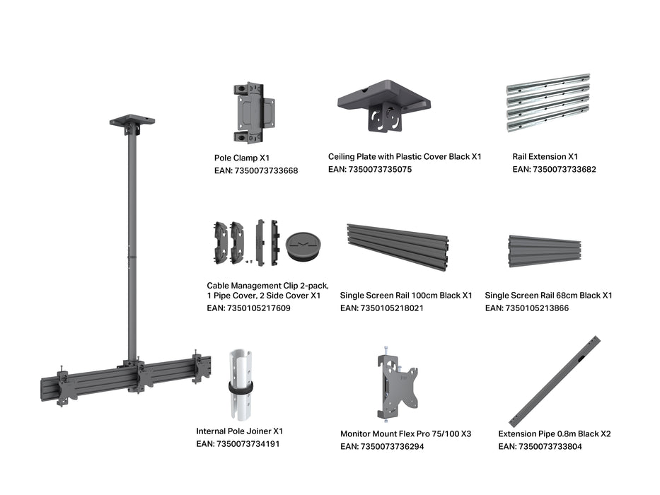 Multibrackets MBC3U M Pro 1.5m Triple Monitor Ceiling Mount For 15"-32" Screens | 7350105218200 Ceiling Mount Bracket Multibrackets