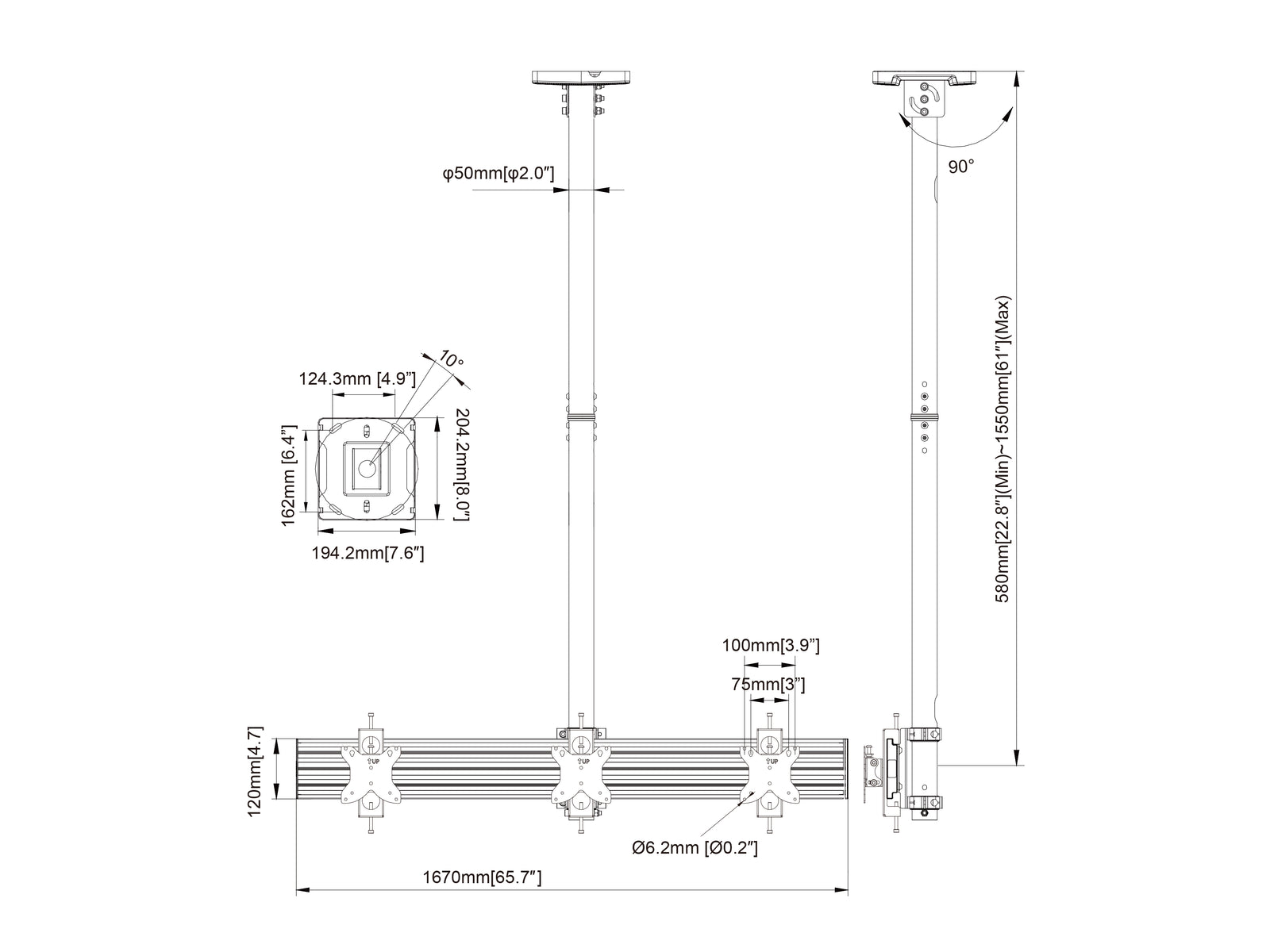 Multibrackets MBC3U M Pro 1.5m Triple Monitor Ceiling Mount For 15"-32" Screens | 7350105218200 Ceiling Mount Bracket Multibrackets