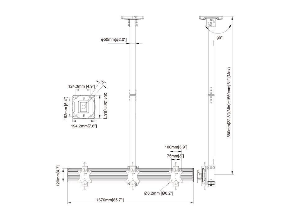 Multibrackets MBC3U M Pro 1.5m Triple Monitor Ceiling Mount For 15"-32" Screens | 7350105218200 Ceiling Mount Bracket Multibrackets