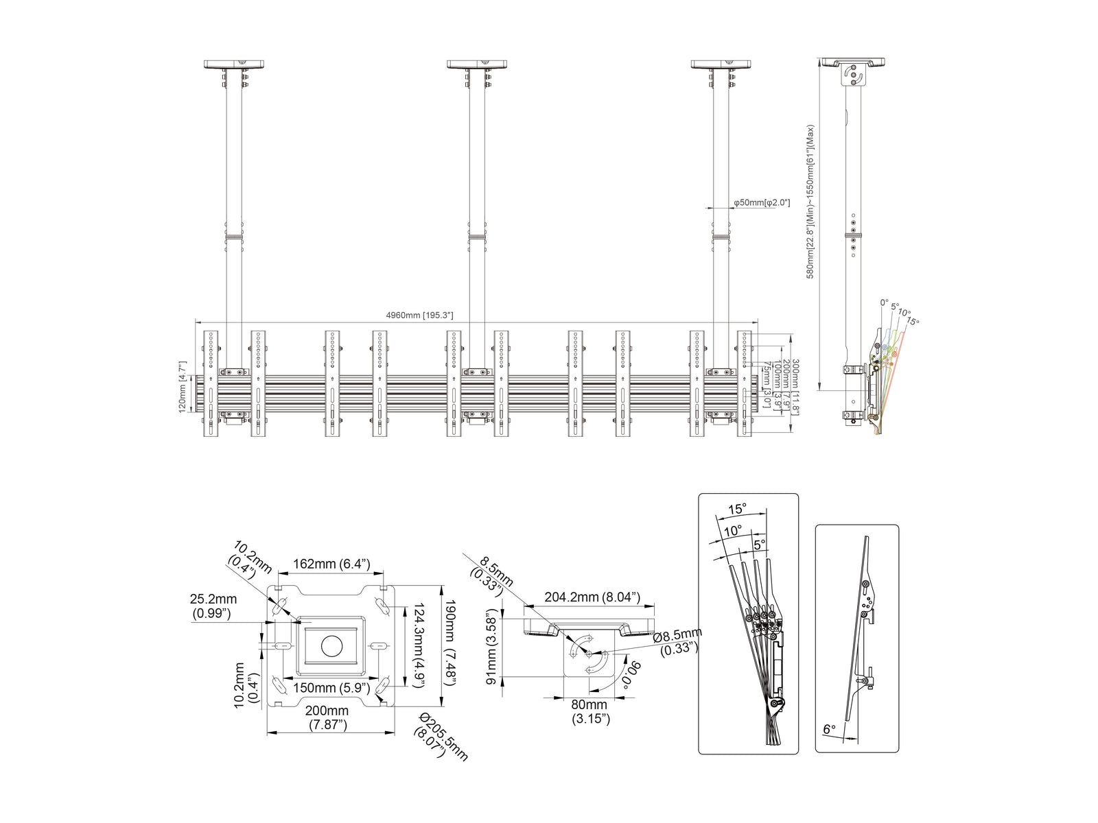 Multibrackets MBC5X1U M Pro Five Screen Ceiling Mount For 32"-50" Screens | 7340234810642 Ceiling Mount Bracket Multibrackets