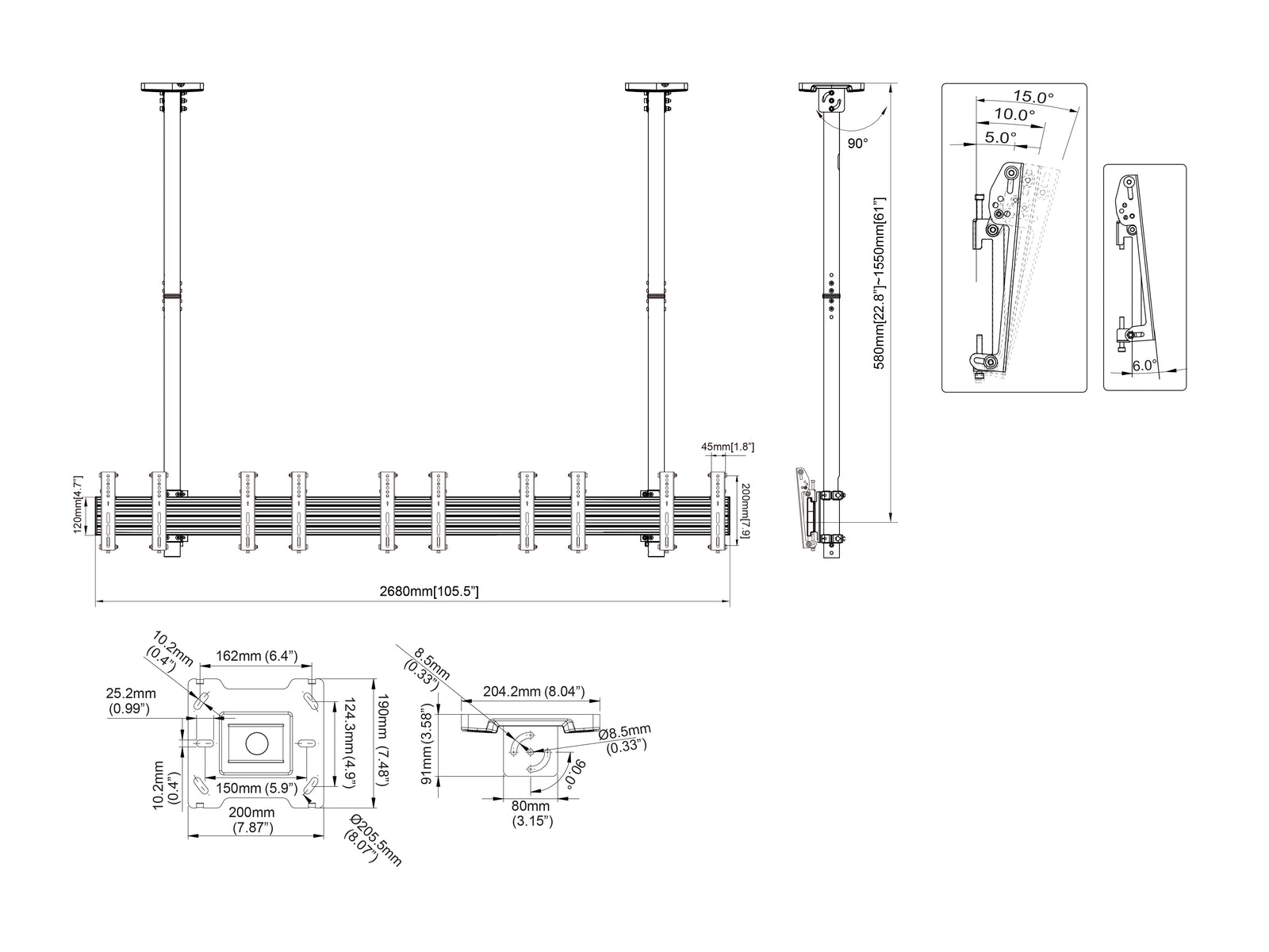 Multibrackets MBC5X1UP+ M Pro Five Screen Ceiling Mount for 27"-43" Screens | 7350022739185 Ceiling Mount Bracket Multibrackets