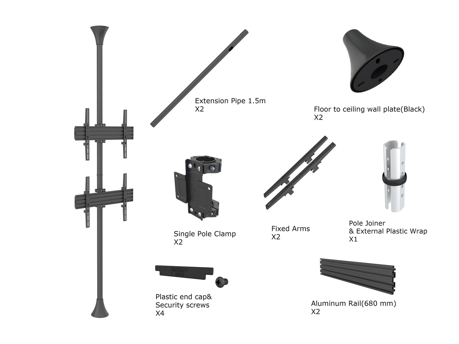 Multibrackets MBFC2U M Pro 3m 2-Screen Floor to Ceiling Mount For 40"-65" Screens | 7350073733637