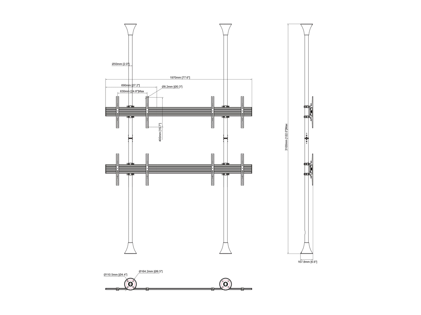 Multibrackets MBFC2UX2 M Pro 3m 4-Screen Floor to Ceiling Mount For 40"-65" Screens | 7350105216084