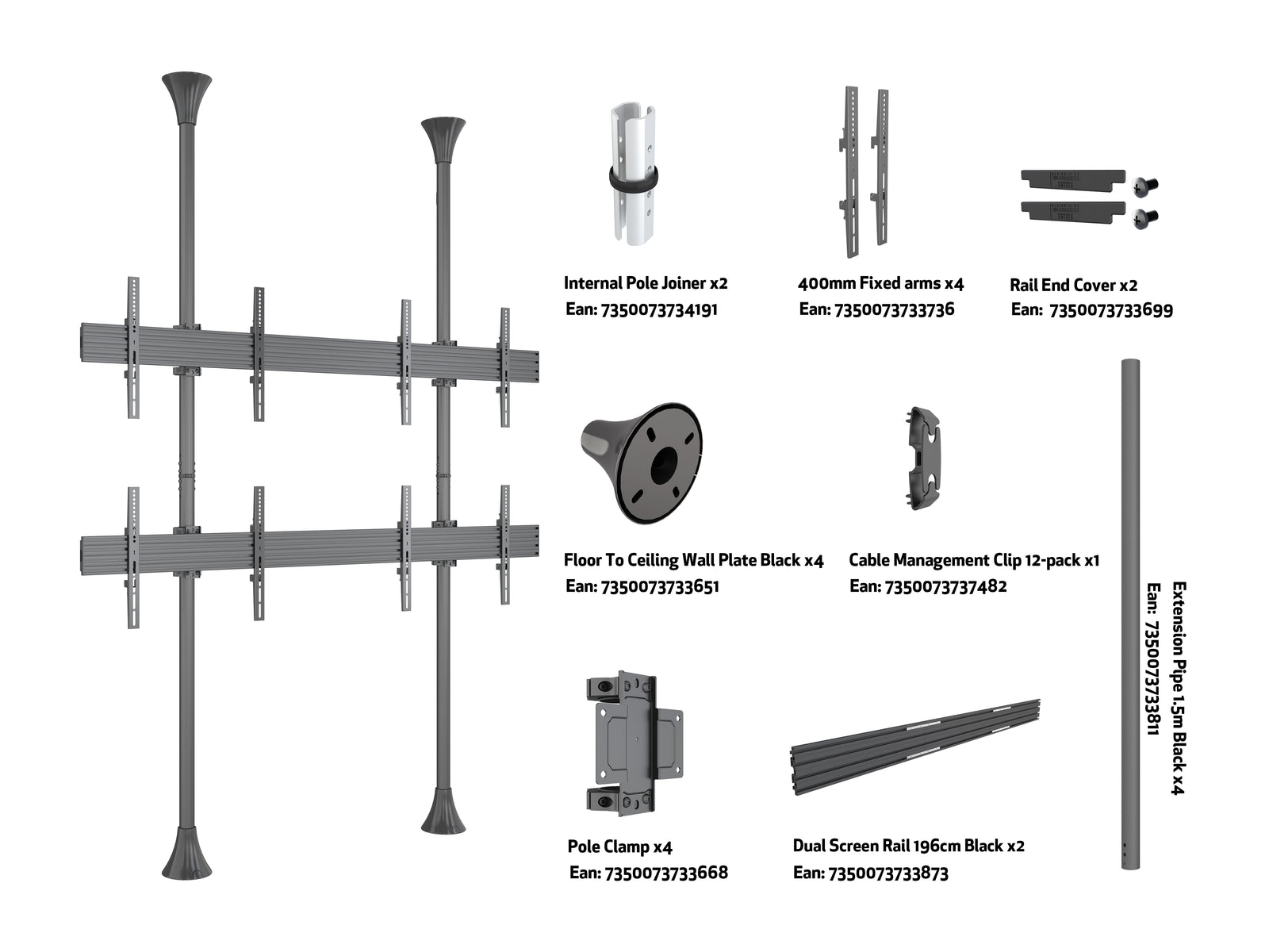 Multibrackets MBFC2UX2 M Pro 3m 4-Screen Floor to Ceiling Mount For 40"-65" Screens | 7350105216084