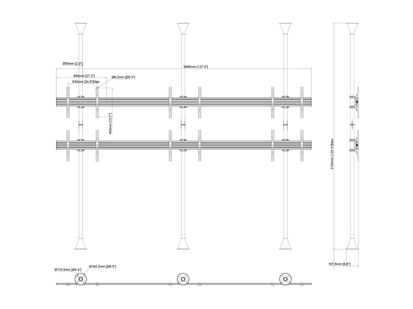 Multibrackets MBFC3UX2 M Pro 3m 6-Screen Floor to Ceiling Mount For 40"-65" Screens | 7350105216107