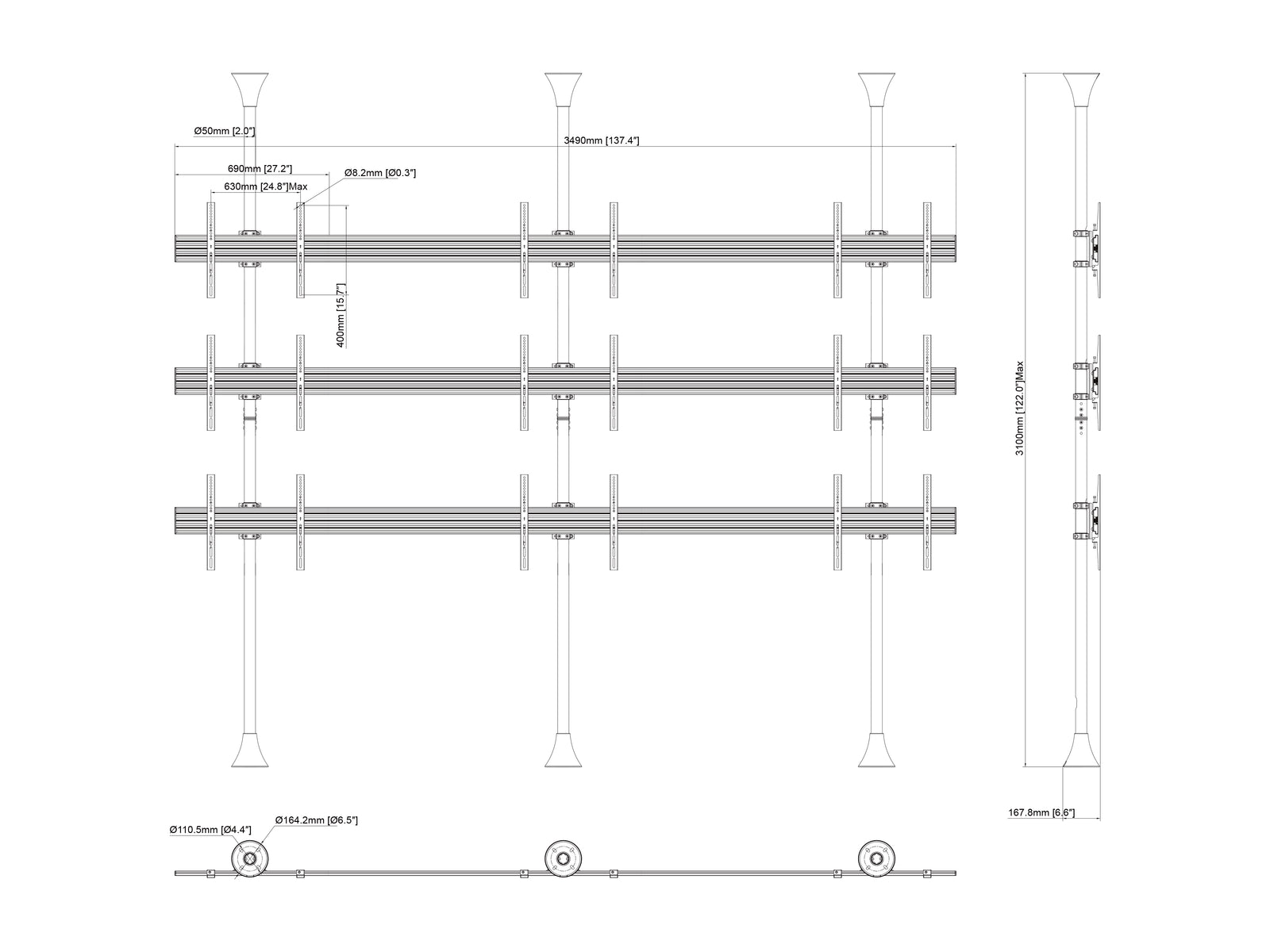 Multibrackets MBFC3UX3 M Pro 3m 9-Screen Floor to Ceiling Mount For 40"-65" Screens | 7350105216114