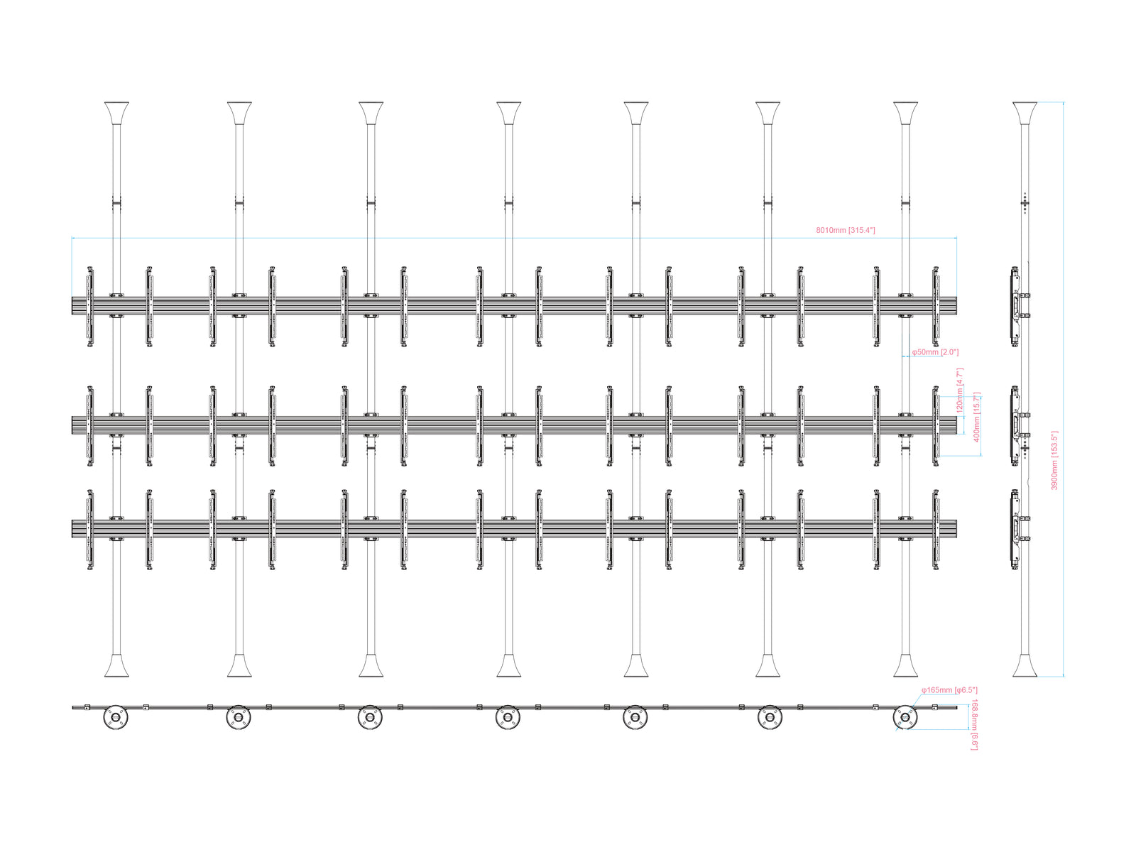 Multibrackets MBFC7UX3 M Pro 3m 21-Screen Floor to Ceiling Mount for 40"-65" Screens | 7350105216664