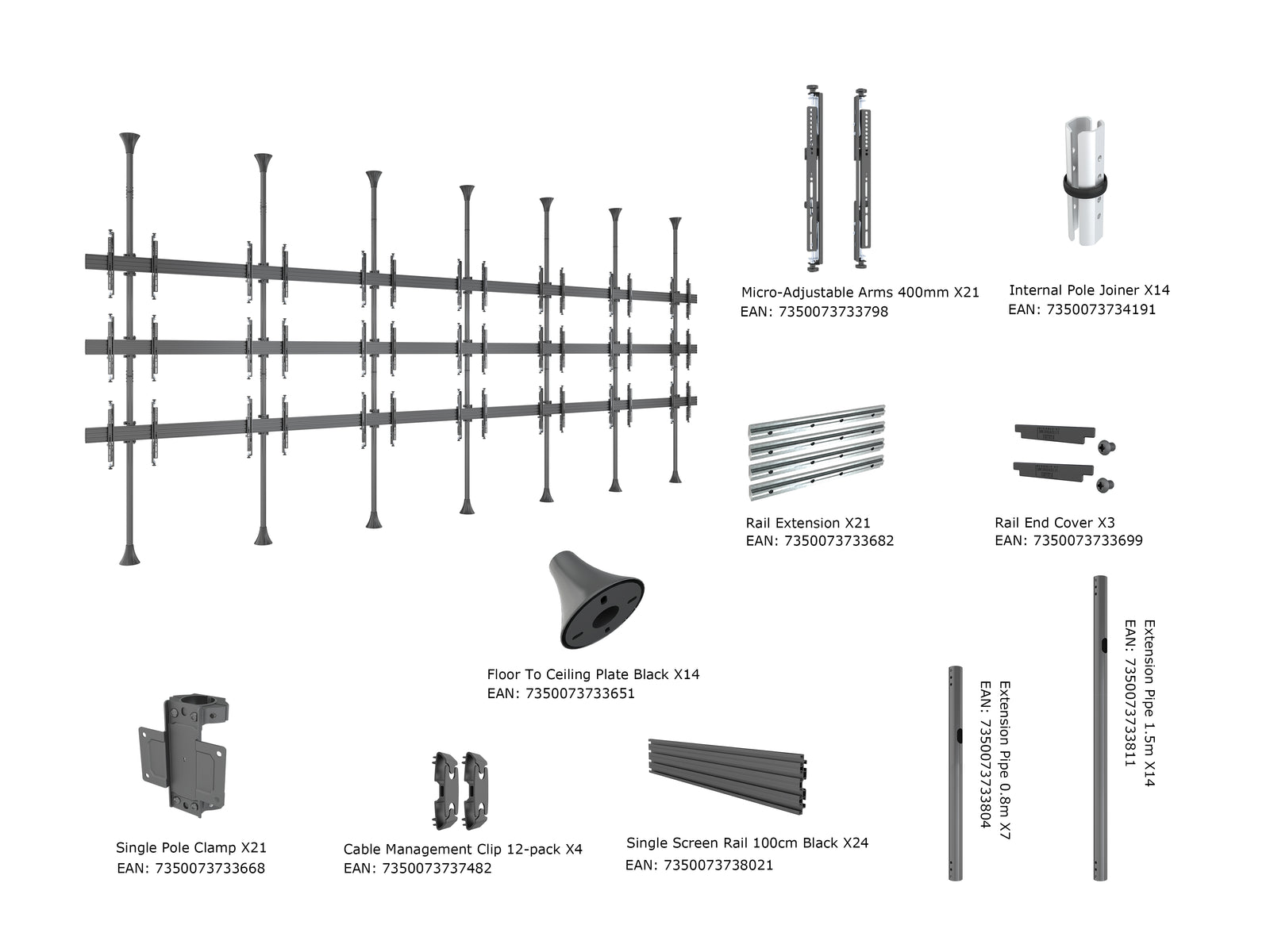 Multibrackets MBFC7UX3 M Pro 3m 21-Screen Floor to Ceiling Mount for 40"-65" Screens | 7350105216664