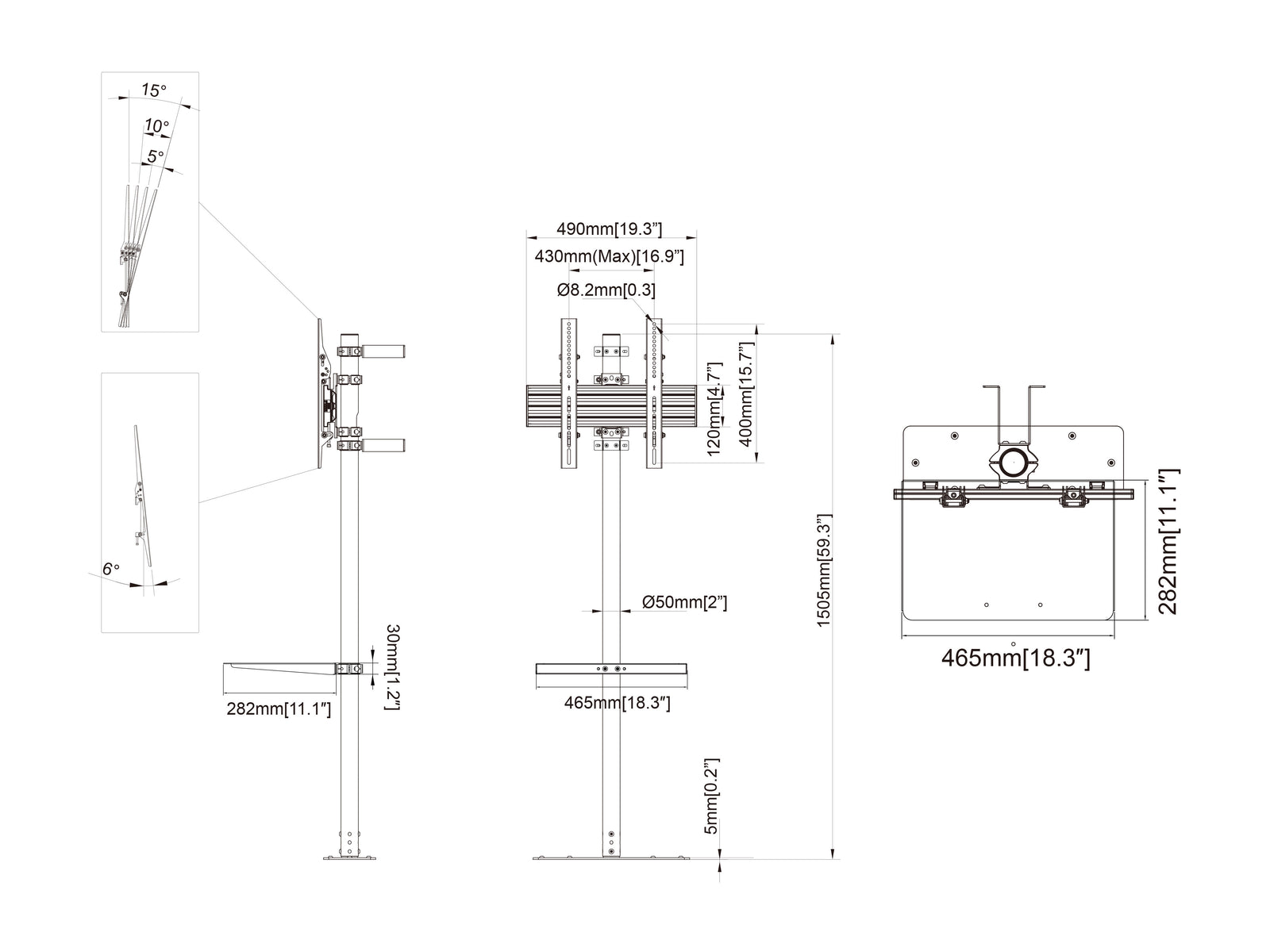 Multibrackets MBFW1U M Pro 1.5m Floorstand to Wall Mount For 32"-65" Screens | 7340234811939