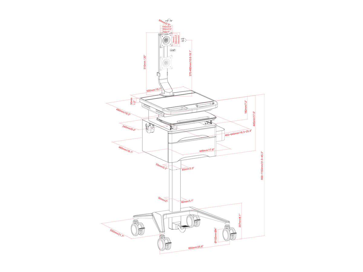 Multibrackets M Medical Cart Basic with Drawer & Fixed Monitor Arm Mobile Workstation | 7350105219627 Workstation Cart Multibrackets