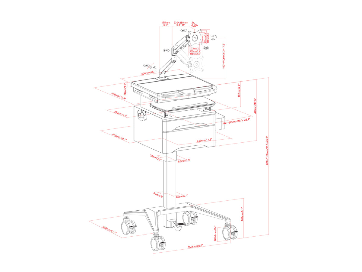 Multibrackets M Medical Cart Basic with Drawer & Gas Lift Monitor Arm Mobile Workstation | 7350105219610 Workstation Cart Multibrackets
