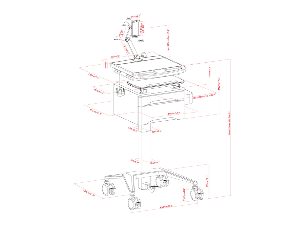 Multibrackets M Medical Cart Basic with Drawer & Tablet Holder Arm Mobile Workstation | 7350105219634 Workstation Cart Multibrackets