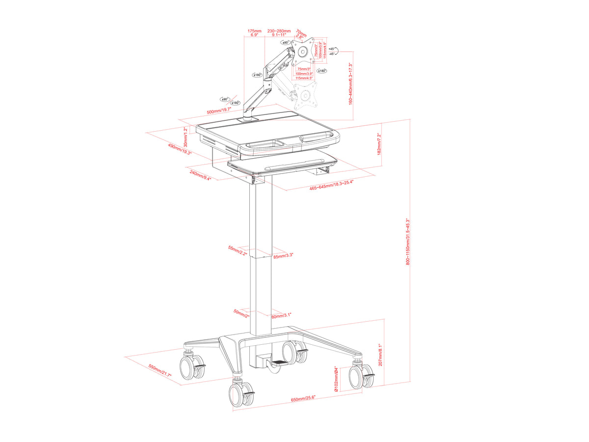 Multibrackets M Medical Cart Basic with Gas Lift Monitor Arm Mobile Workstation | 7350105219580 Workstation Cart Multibrackets