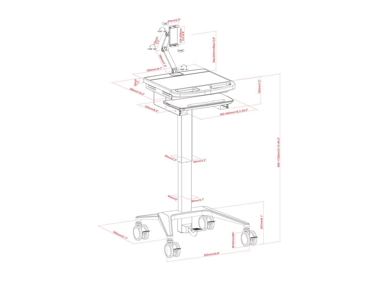 Multibrackets M Medical Cart Basic with Tablet Holder Arm Mobile Workstation | 7350105219603 Workstation Cart Multibrackets